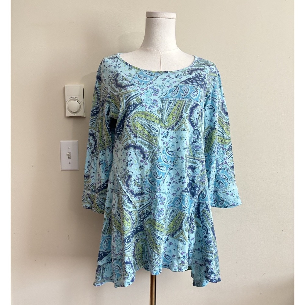 CMC Color me Cotton Womens Medium Tunic Top Paisley Floral Boho Hippie Blue